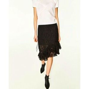 🌼 BOGO❗️ZARA asymmetrical Lace black Ruffle Frill Midi skirt 3184/002